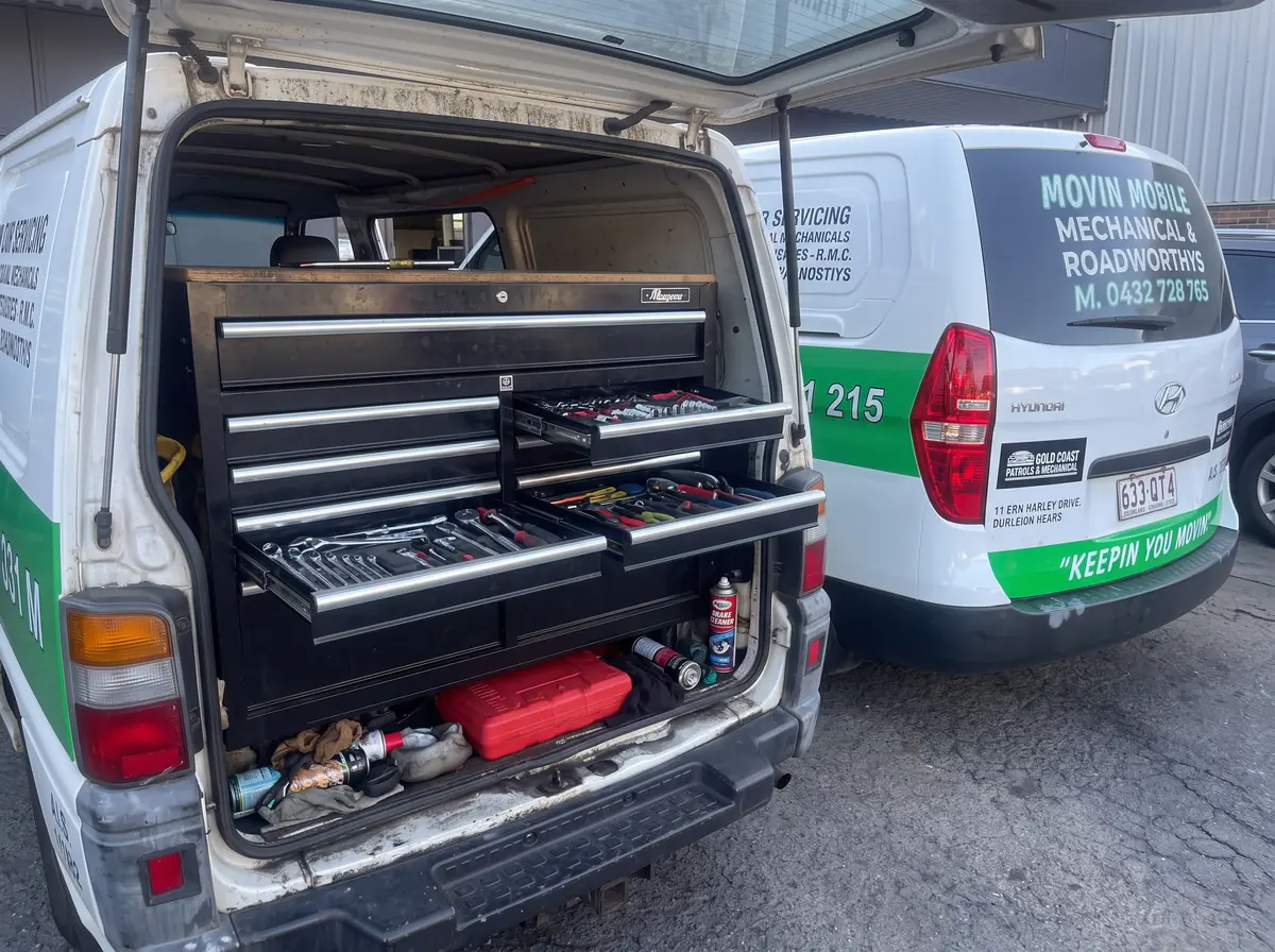 Open tool drawers inside a Movin Mobile service van